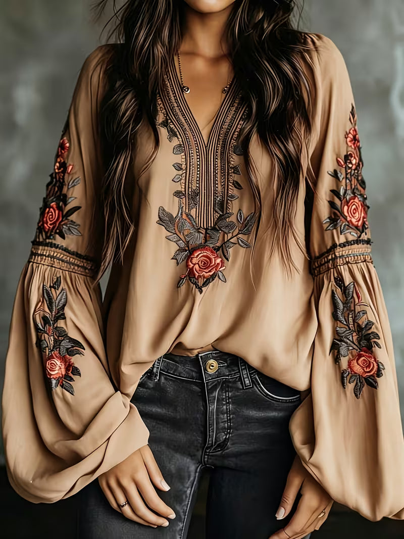 Women's Luxury Baroque Embroidered V-Neck Blouse – Lantern Sleeve Vintage Shirt
