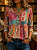 Women's Vintage Ethnic Print Blouse – 34 Sleeve Button-Front Lapel Shirt