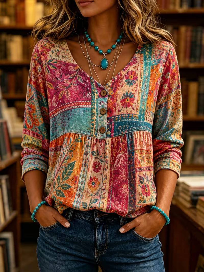 Women's Vintage Ethnic Print Blouse – 34 Sleeve Button-Front Lapel Shirt