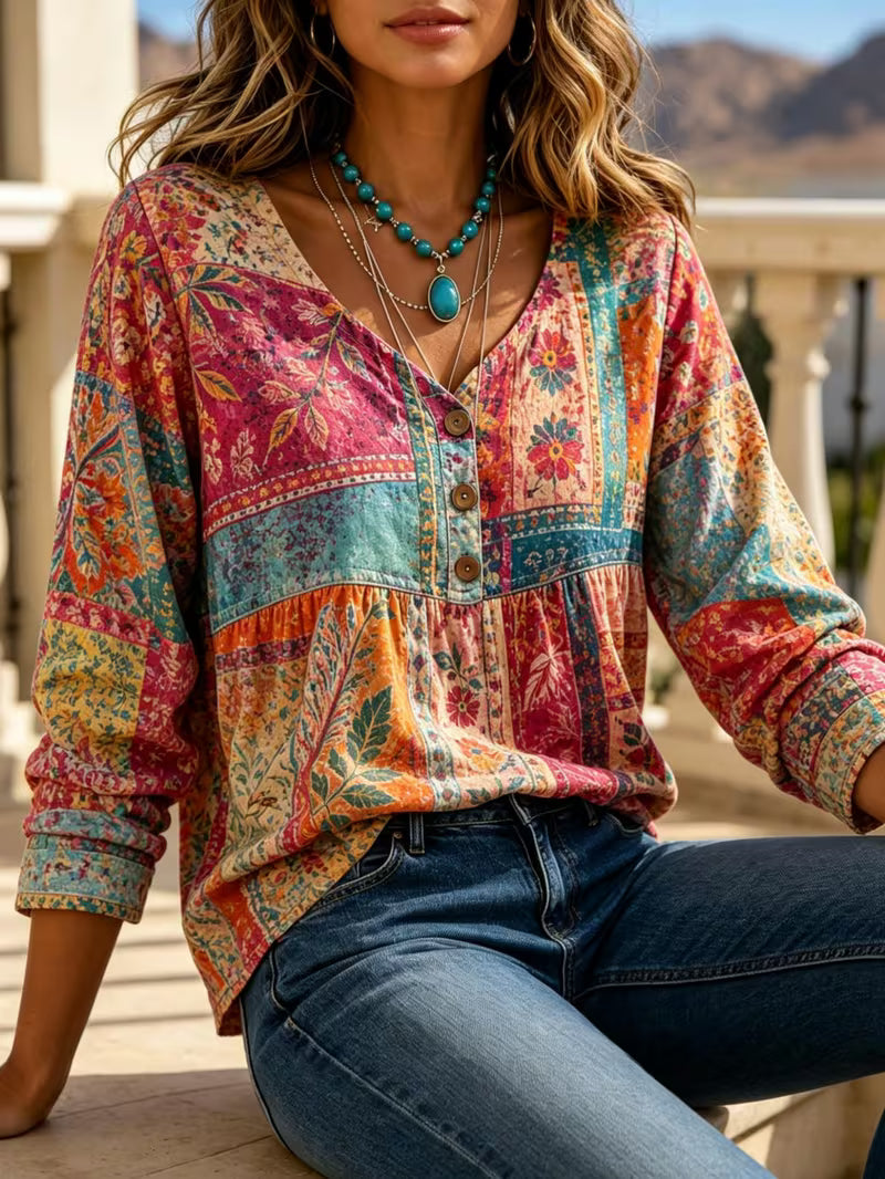 Women's Vintage Ethnic Print Blouse – 34 Sleeve Button-Front Lapel Shirt