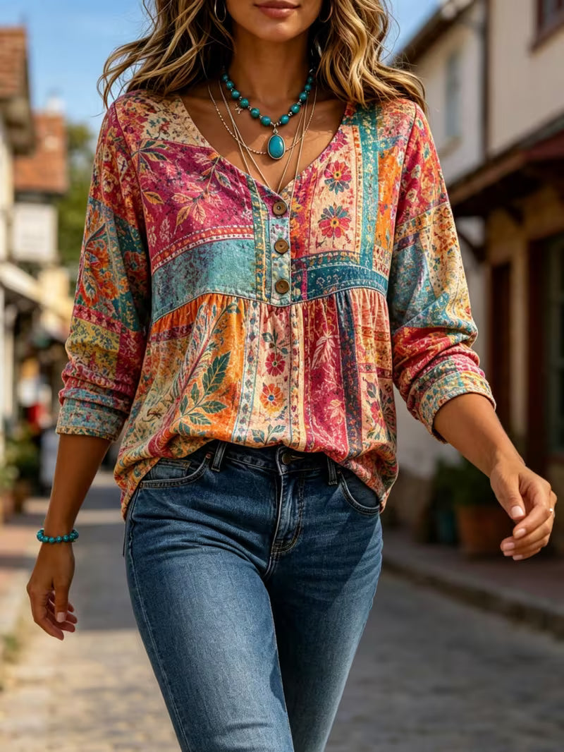 Women's Vintage Ethnic Print Blouse – 34 Sleeve Button-Front Lapel Shirt