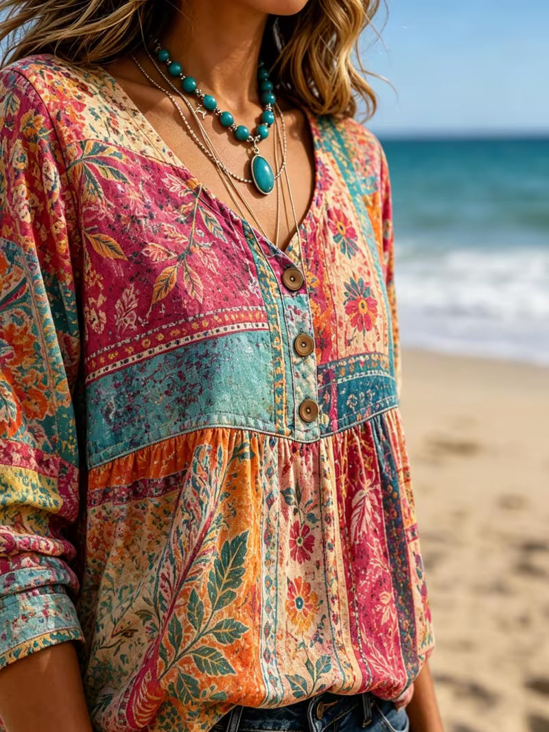 Women's Vintage Ethnic Print Blouse – 34 Sleeve Button-Front Lapel Shirt