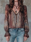 Women's Vintage Paisley Chiffon V-Neck Top – Lace Trim Lantern Sleeve Blouse