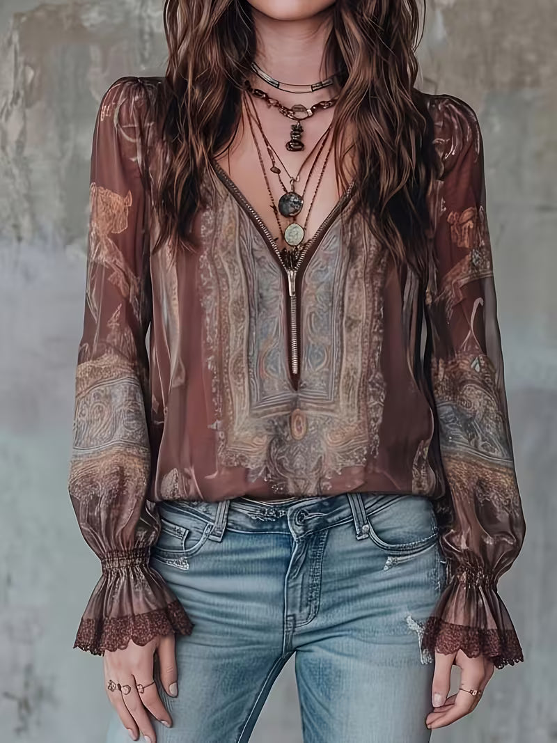 Women's Vintage Paisley Chiffon V-Neck Top – Lace Trim Lantern Sleeve Blouse