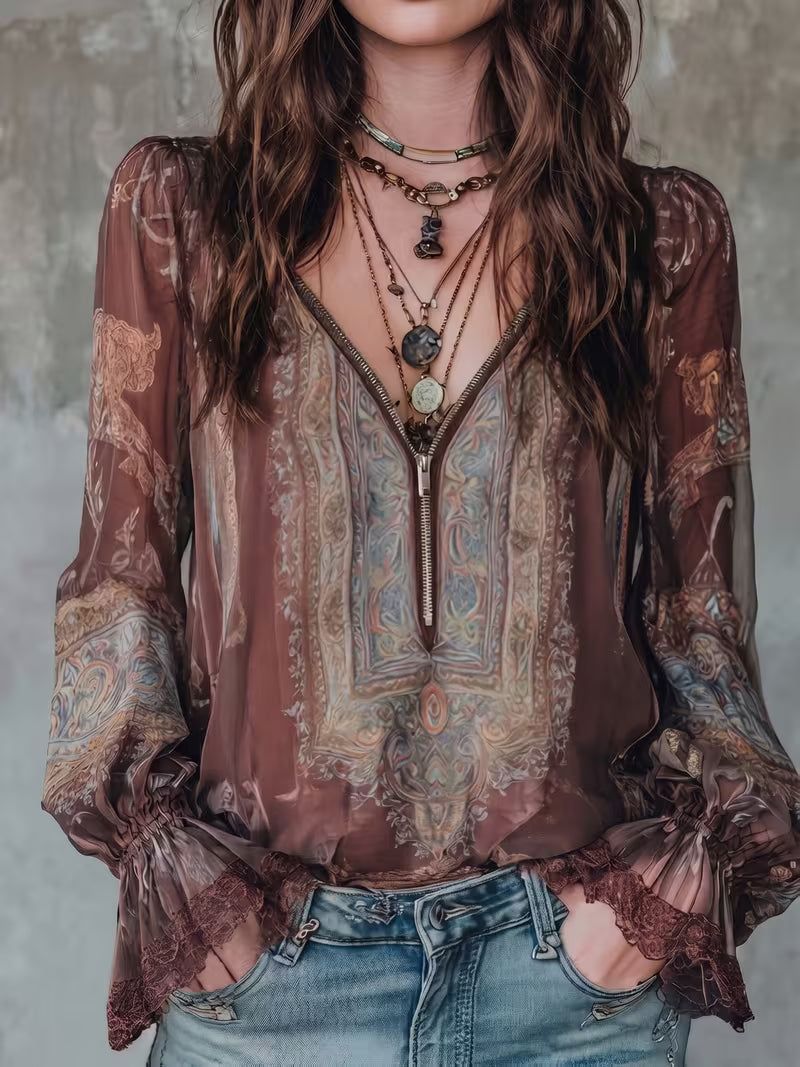 Women's Vintage Paisley Chiffon V-Neck Top – Lace Trim Lantern Sleeve Blouse