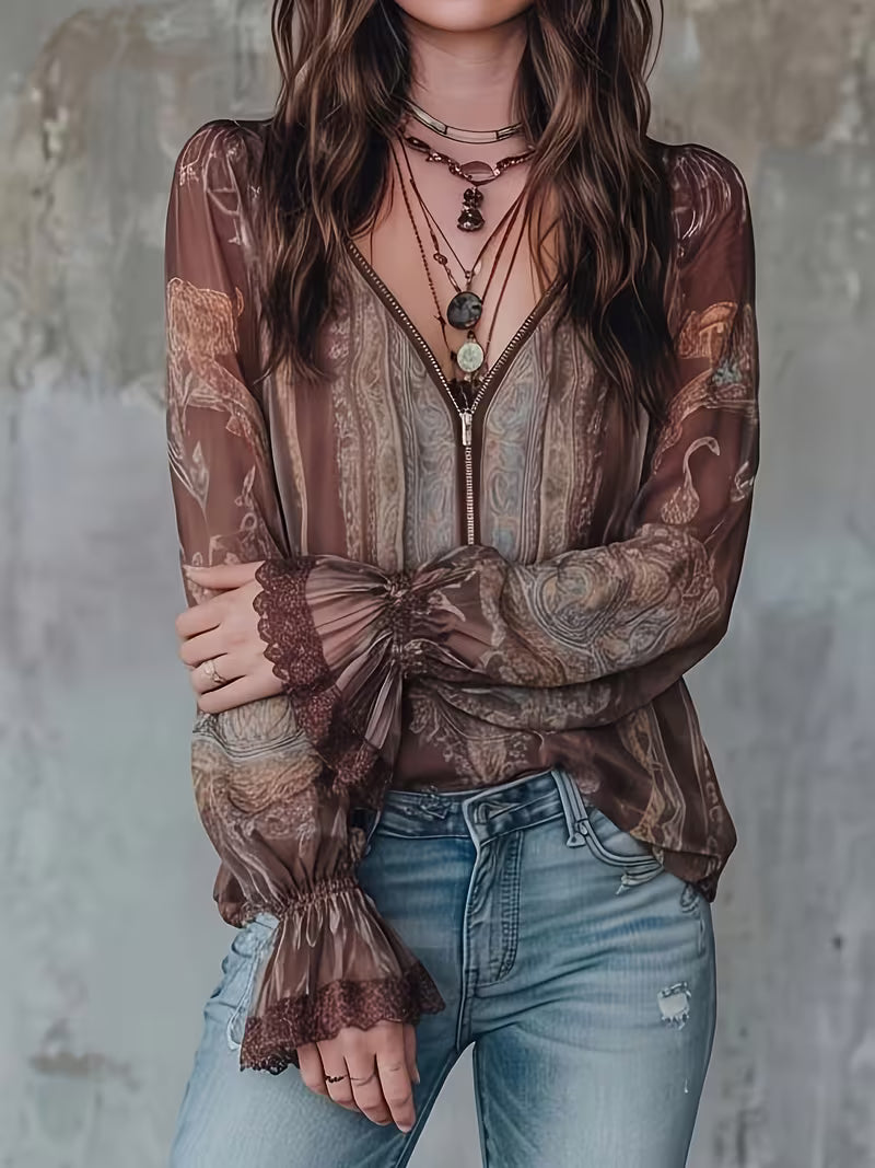 Women's Vintage Paisley Chiffon V-Neck Top – Lace Trim Lantern Sleeve Blouse