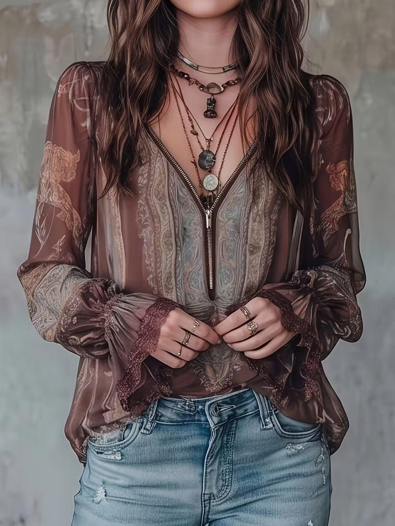 Women's Vintage Paisley Chiffon V-Neck Top – Lace Trim Lantern Sleeve Blouse