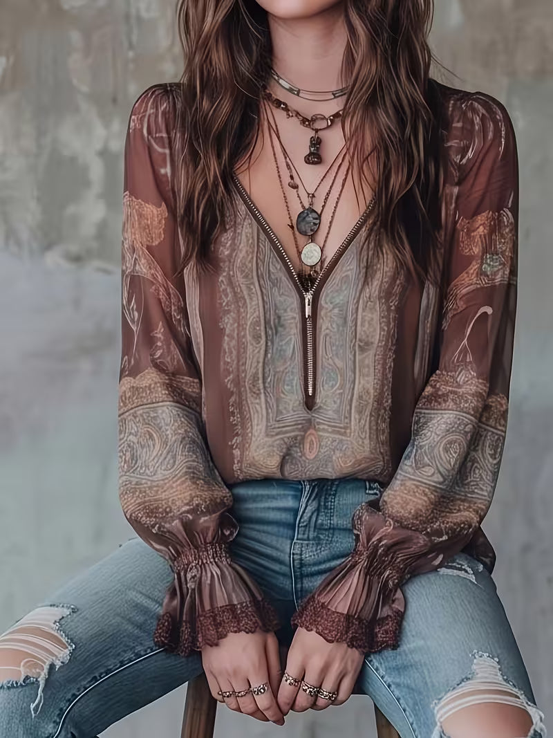 Women's Vintage Paisley Chiffon V-Neck Top – Lace Trim Lantern Sleeve Blouse