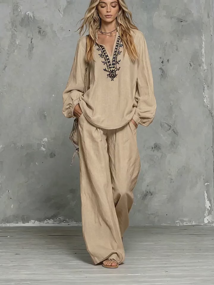 Women's Elegant Embroidered 2-Piece Shirt & Trousers Set – Casual Outfit